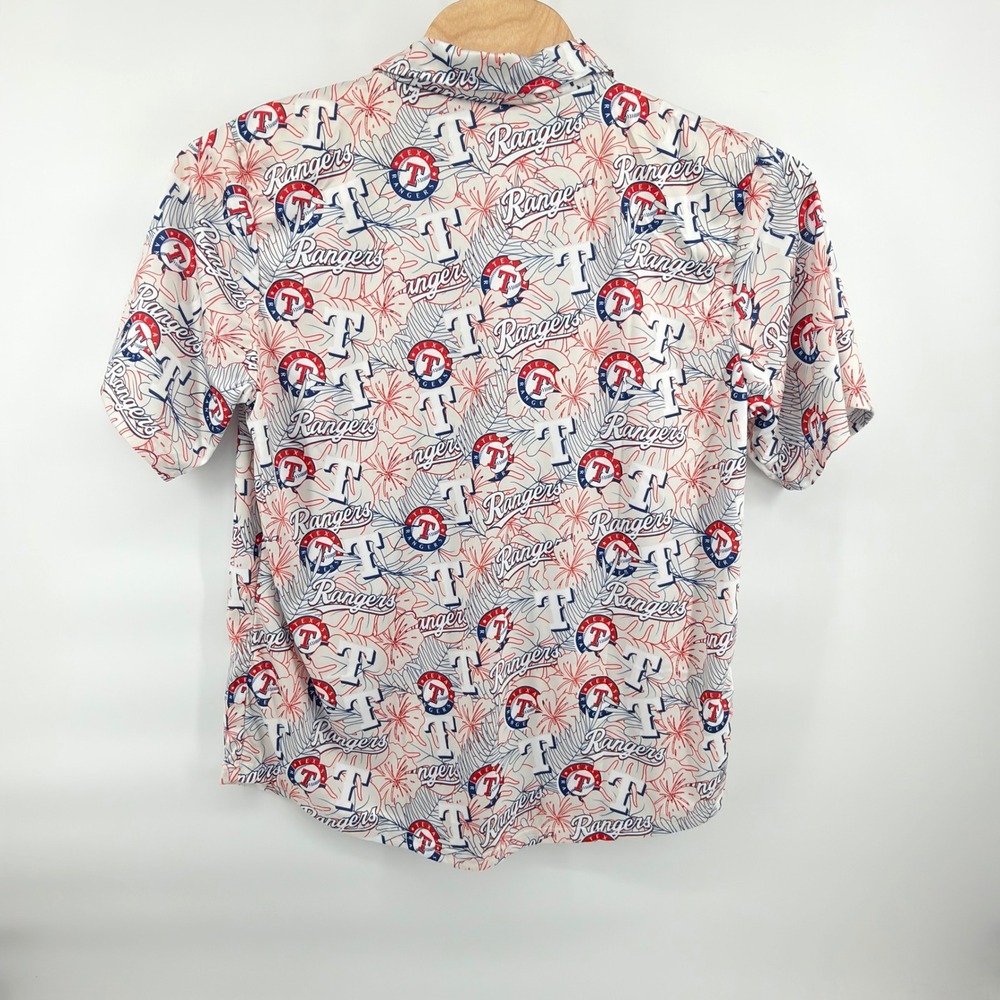 Texas Rangers Button Down Shirt Mens XL White Red Blue Floral MLB All Over Print - Picture 2 of 4